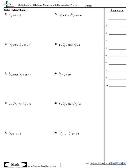 Properties Worksheets - Multiplication of Rational Numbers with Commutative Property worksheet